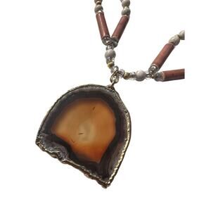 Agate Geode Slice Stone Gold Tone Banded Beaded Tribal Style Necklace 18”